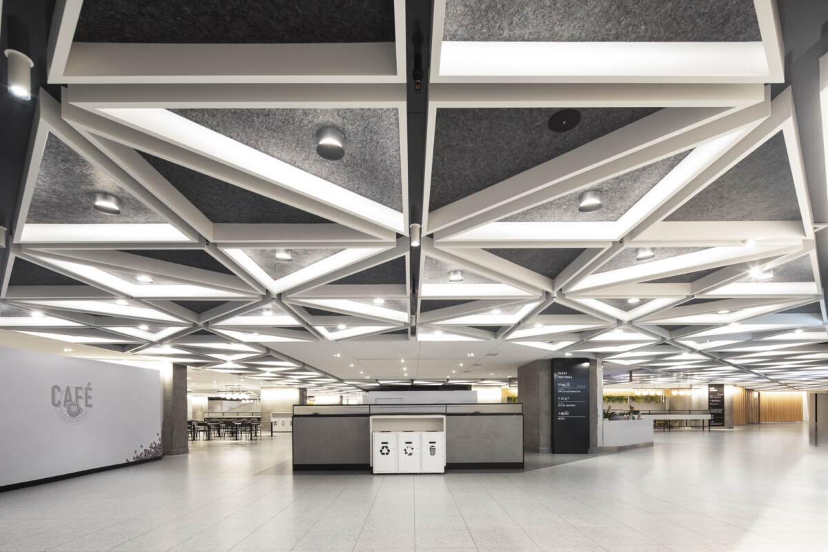Place Victoria in Montreal, QC uses AERO:Form Trilateral Open Cell products by Maxxit on it's ceilings