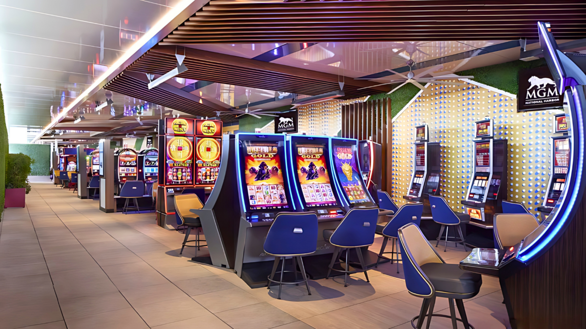 MGM National Harbor gaming terrace featuring Agilis woodgrain baffles and aluminum ceiling panels.