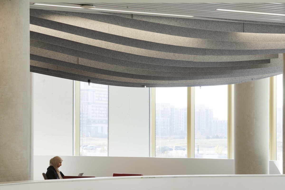 York University Markham Campus featuring Agilis perforated baffles and Silentia dimensional felt blades.