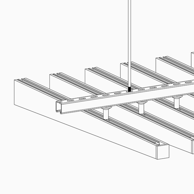 Technical diagram of a suspended ceiling track system with metal support rails